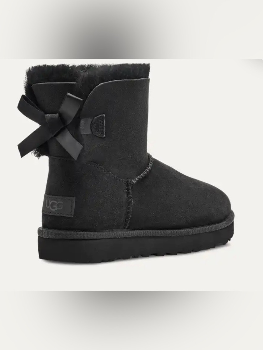 UGG Mini Bow II Black Suede Shearling Ankle Boot NWT